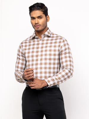 Grey/Brown Check Cotton Taaga Man Executive Semi Formal Slim Fit Shirt