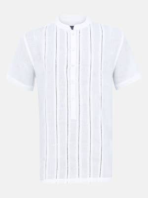 White Striped Ramie Rayon Casual Fusion Taaga Man  Shirt