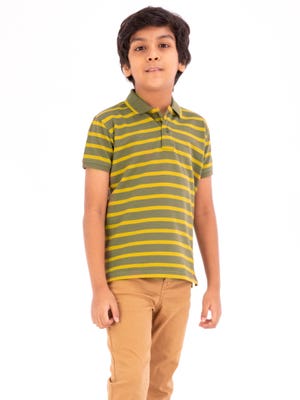Olive Green/Mustard Striped Mixed Cotton Polo Shirt