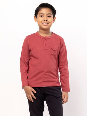 Brick Red Knit Long Sleeve Henley  T-Shirt