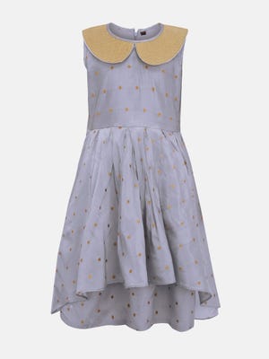 Grey Embroidered Mixed Cotton Party Frock with Mask