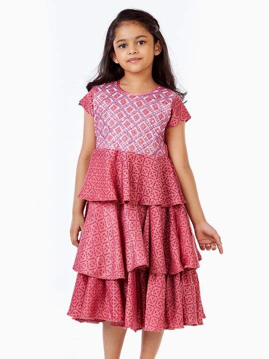 Mauve Printed and Embroidered Party Wear Frock