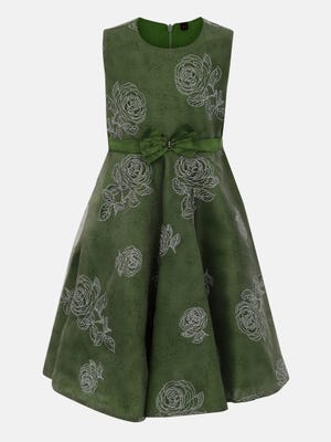 Green Printed Mixed Cotton Party Frock