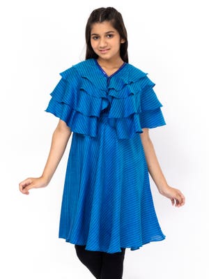 Blue Embroidered And Textured Cotton Party Wear Frock 