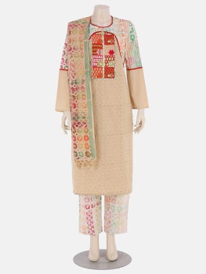 Beige Printed and Embroidered Cotton Kameez