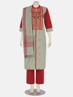 Pistachio Printed and Erri Embroidered Hand Loomed Cotton Shalwar Kameez Set