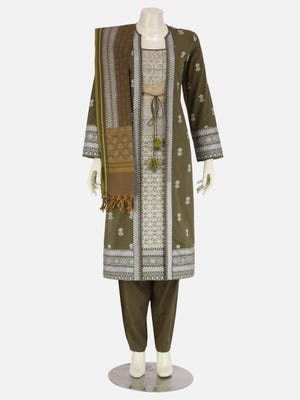 Dark Olive Wax Dyed and Brush Painted Handloom Cotton-Polyester Shalwar Kameez Set