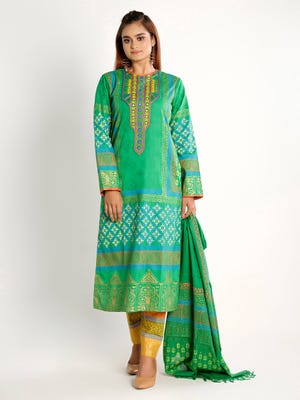 Lime Green Printed and Embroidered Cotton Kameez Set
