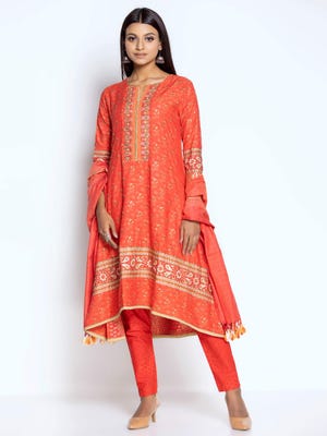 Watermelon Printed and Embroidered Viscose-Cotton Kameez Set