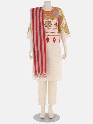 Off White Printed and Embroidered Handloom Cotton Shalwar Kameez