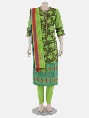 Lime Green Printed and Embroidered Cotton-Polyester Shalwar Kameez