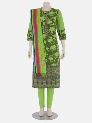 Olive Green Printed and Embroidered Cotton-Rayon Shalwar Kameez
