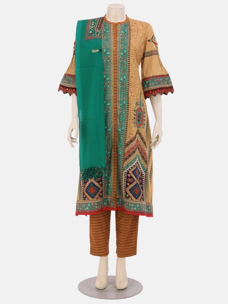 Iced Coffee Printed and Embroidered Viscose-Cotton Shalwar Kameez Set