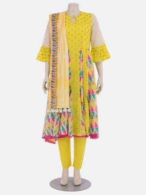 Yellow Printed and Embroidered Voile Shalwar Kameez Set