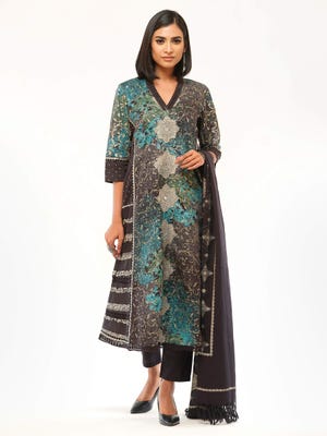 Black Printed and Embroidered Rayon-Cotton Shalwar Kameez Set