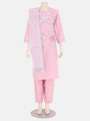 Pink Printed and Embroidered Viscose-Cotton Shalwar Kameez
