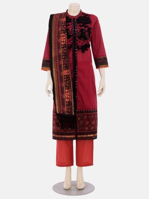 Maroon Printed and Erri Embroidered Handloom Cotton Shalwar Kameez