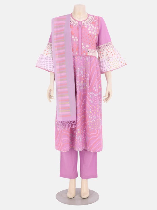 Lilac Printed and Embroidered Cotton Kameez
