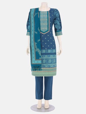 Teal-Blue Printed and Embroidered Cotton Kameez