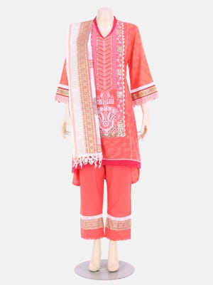 Coral Printed and Embroidered Viscose-Cotton Kameez