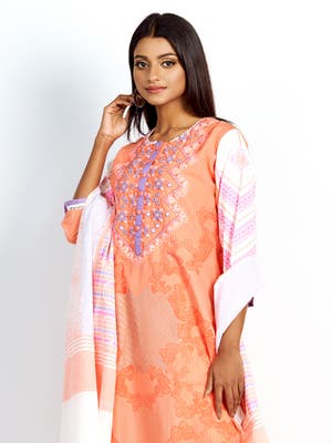 Peach Embroidered and  Printed Viscose-Cotton Shalwar Kameez Set