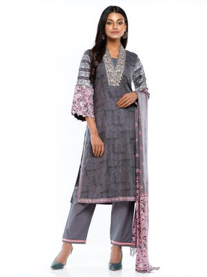 Charcoal Grey Printed and Embroidered Cotton-Rayon Shalwar Kameez Set