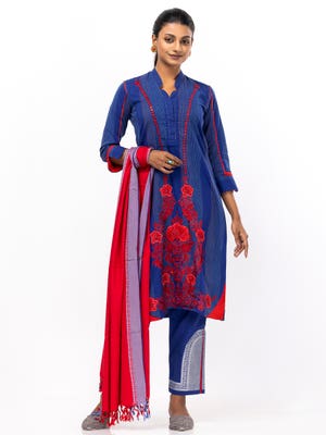 Blue Appliqued Handloom Viscose-Cotton Shalwar Kameez Set