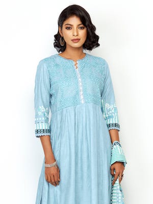 Pastel Blue Printed and Embroidered Viscose-Cotton Shalwar Kameez