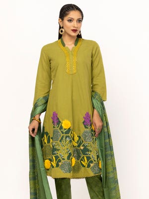 Olive Green Printed and Embroidered Cotton Shalwar Kameez Set