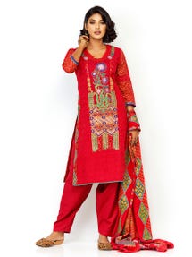 Red Printed and Embroidered Viscose-Cotton Shalwar Kameez