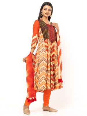 Brown Tie-Dyed and Embroidered Voile Kameez