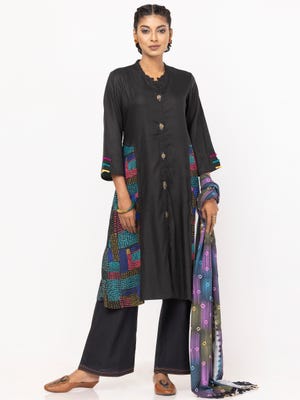 Black Printed and Embroidered Viscose-Cotton Shalwar Kameez
