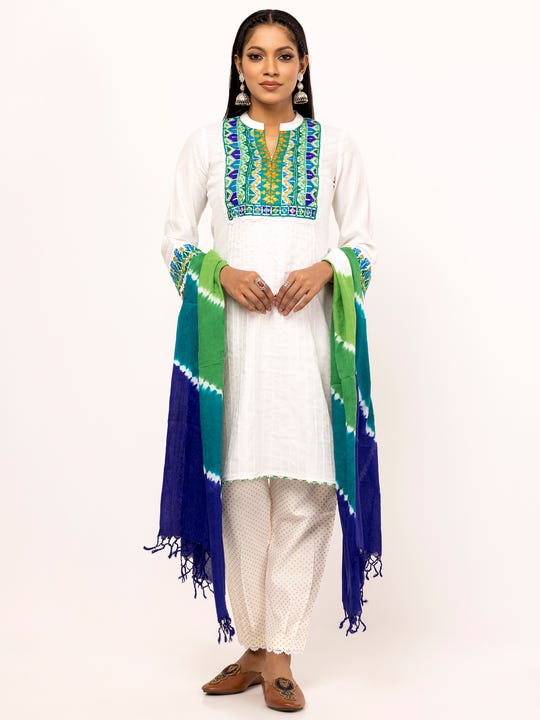 White Printed and Embroidered Viscose-Cotton Kameez Set