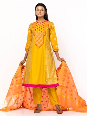 Yellow Ochre Printed and Embroidered Viscose Shalwar Kameez