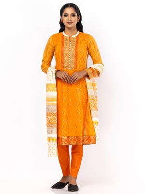 Light Orange Printed and Embroidered Voile Shalwar Kameez Set