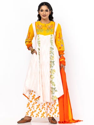 White Printed and Embroidered Viscose-Cotton Shalwar Kameez Set