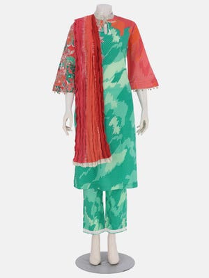 Teal Printed/Painted And Embroidered Voile Shalwar Kameez Set