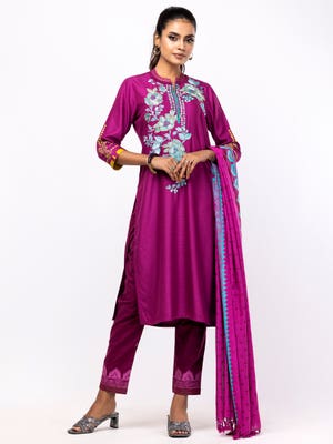 Beet Maroon Printed and Embroidered Cotton Shalwar Kameez