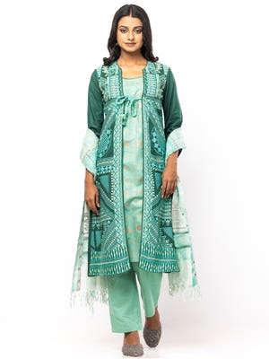 Seafoam Green Printed and Embroidered Viscose Kameez