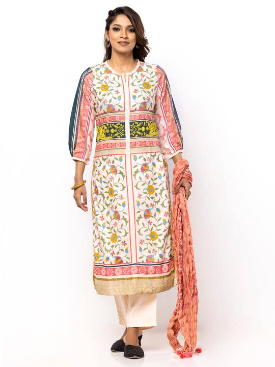 Ivory Printed and Embroidered Viscose Kameez