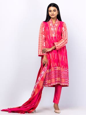 Magenta Printed and Embroidered Viscose-Cotton Kameez
