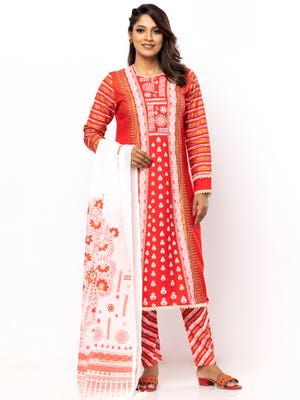 Red Printed and Embroidered Viscose-Cotton Kameez