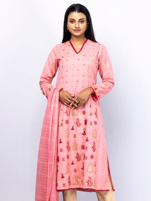 Pink Printed and Embroidered Handloom Viscose-Cotton Kameez