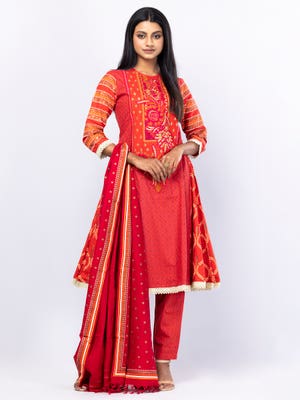 Red Printed Viscose-Cotton Shalwar Kameez