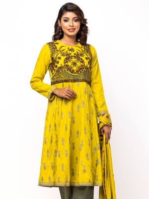 Yellow Printed and Embroidered Viscose-Cotton Shalwar Kameez