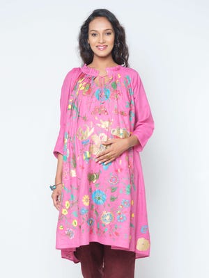 Pink Embroidered and Printed Viscose-Cotton Maternity Dress
